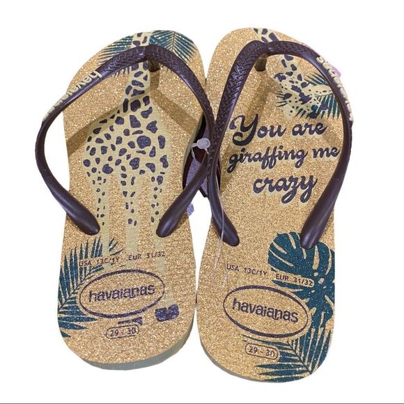 NEW Havaianas Yellow Brown Giraffe Glitter Girl's Flip Flops Sandals 13C 2Y - Picture 2 of 3